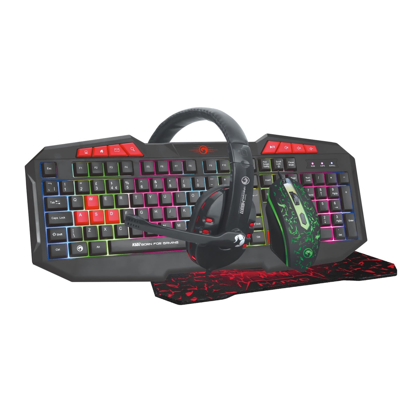 Marvo Scorpion CM375 4-in-1 Gaming Bundle, Wired Keyboard, Mouse, Headset and Mouse Pad, 7 Colour LED, Multimedia, Anti-ghosting Keys, 3200 dpi Mouse, Non-slip Mouse Pad and Stereo Headset