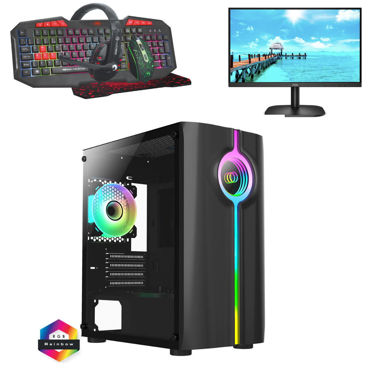 OCHW Amd Ryzen 3 - 3200G Quad Core Home Office Gaming Computer 2GB Radeon HD Graphics, 24" Screen & Gaming Bundle 120GB - 1000GB SSD Hard Drive Windows 11 Pro