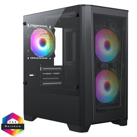 Level 2 Black Micro-ATX Mesh PC Gaming Case with 3 x 120mm RGB Rainbow Fans Included With Tempered Glass Side Panel
