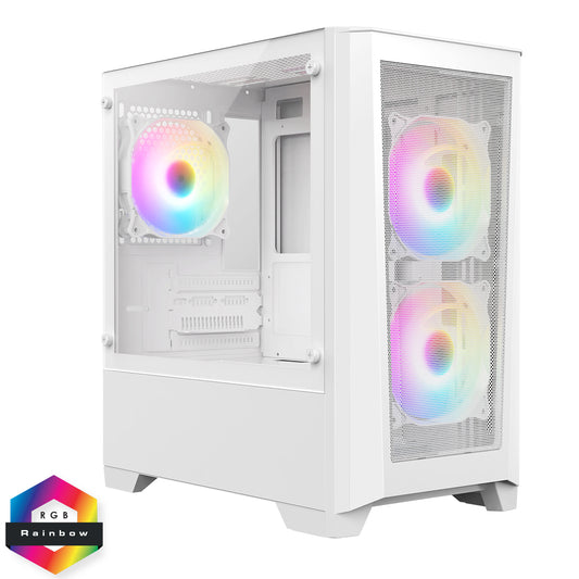 Level 2 White Micro-ATX Mesh PC Gaming Case with 3 x 120mm RGB Rainbow Fans Included With Tempered Glass Side Panel